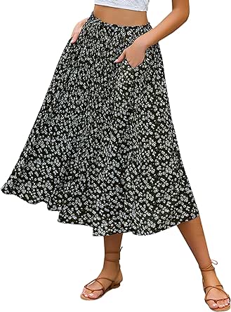 Zeagoo Women's Midi Skirts Elastic High Waist Skirt Polka Dot Casual Pleated Skirt with Pockets