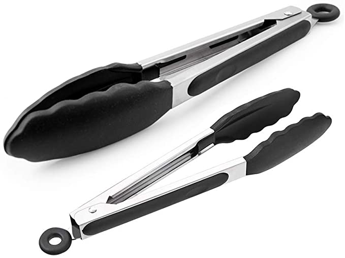 Kitchen Tongs, Set of 2 – 9 inch & 12 inch Food Tongs, Stainless Steel and Non-Stick Heat-Resistant Silicone Tips & Silicone Grips, Locking Cooking Tongs For Cooking, Serving, BBQ & Salad (Black)