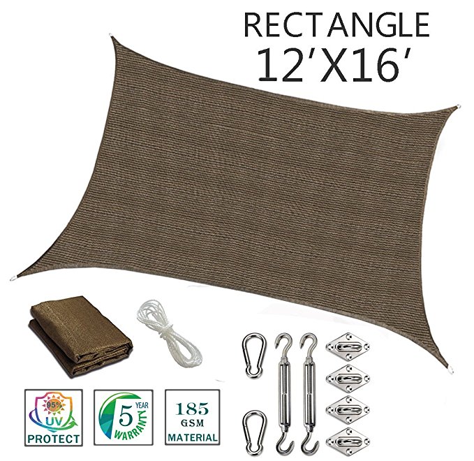 SUNNY GUARD 12' x 16'Brown Rectangle Sun Shade Sail UV Block with Stainless Steel Hardware Kit for Outdoor Patio Garden