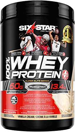 Whey Protein Powder, Six Star 100% Whey Protein Plus, Whey and BCAA and Creatine Monohydrate, Post Workout Muscle Recovery and Muscle Builder Protein Shakes for Men and Women, Vanilla Cream, 907 g
