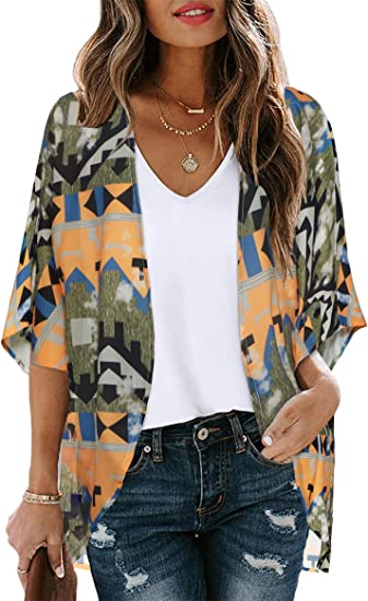 Women's Floral Print Puff Sleeve Kimono Cardigan Loose Cover Up Casual Blouse Tops