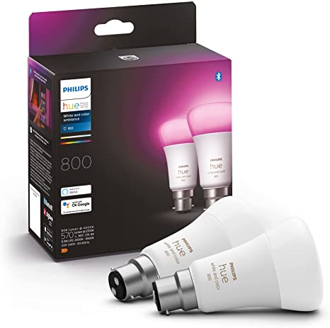 Philips Hue White & Colour Ambiance Smart Bulb Twin Pack LED [B22 Bayonet Cap] - 800 Lumens (60W equivalent). Works with Alexa, Google Assistant and Apple Homekit