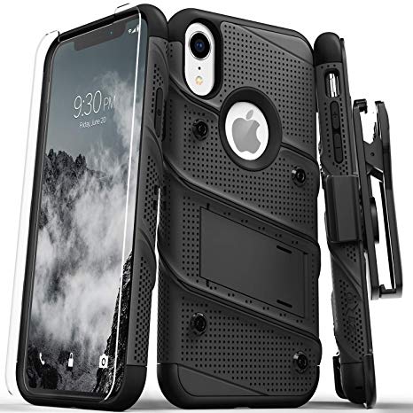 Zizo Bolt Series Compatible with iPhone XR Case Military Grade Drop Tested with Tempered Glass Screen Protector Holster and Kickstand Black Black