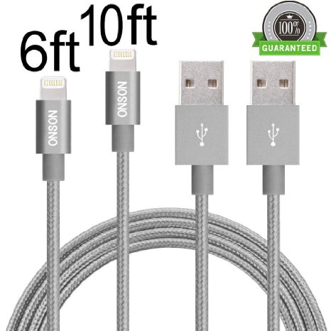 ONSON iPhone Cable,2Pack 6ft 10ft Extra Long Nylon Braided Lightning to USB Cable Charging Cord for Apple iPhone 6/6 Plus/6s/6s Plus,iPhone 5 5c 5s,iPad 4 Mini Air iPod(Gray)