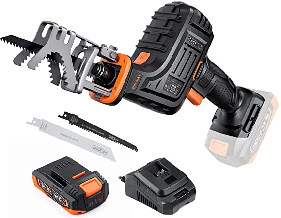 Reciprocating Saw, One-handed, TACKLIFE 20V 2A MAX Lithium Battery & Charger, 0~3000SPM Variable Speed, Compact Saber Saw, 2 Blades (6TPI for Wood, 24TPI for Metal), LED Light - DRS01A