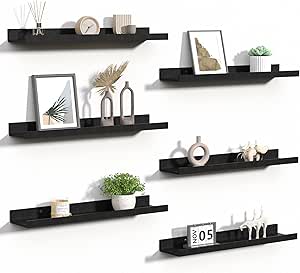 upsimples Floating Shelves for Wall, Wall Shelves for Decor Storage Set of 6, Wall Mounted Wood Shelves for Bedroom, Living Room, Bathroom, Kitchen, 23.6 inch Long Picture Ledge Shelves, Black