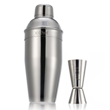 Cocktail Shaker Set X-Chef Stainless Steel 3-Piece Martini Bar Kit Classic and Elegant igger Included