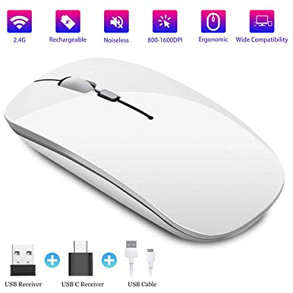 CALOCAA Wireless Mouse for Laptops Rechargeable 2.4Ghz Wireless Mini Mouse Level 3 Adjustable DPI Optical Mute Ultra Thin Computer Mouse with USB Receiver and C-Type Adapter (White)