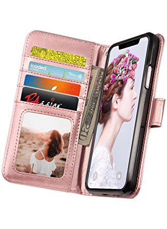 iPhone X Case, iPhone X Wallet Case with Card Holders, ULAK Rose Gold Kickstand Premium Synthetic Leather Folio Handmade Wrist-strap Wallet Case Cover for iPhone X / iPhone 10 5.8 inch