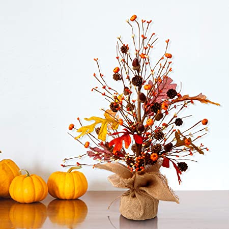 Glitzhome 20”H Fall Harvest Pumpkins Table Tree with Burlap Base Decorative Berries Leaves Tree Table Centerpiece for Fall Harvest Thanksgiving Great Festival Home Decor