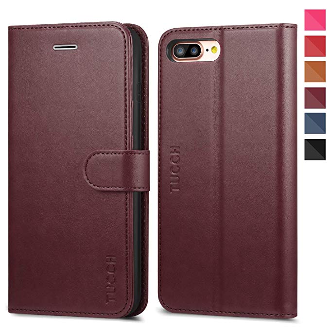 iPhone 8 Plus Wallet Case, iPhone 7 Plus Case, TUCCH Premium PU Leather Flip Folio Case with Card Slot, Stand Holder, Magnetic Closure [TPU Interior Case] Compatible with iPhone 7/8 Plus, Wine Red