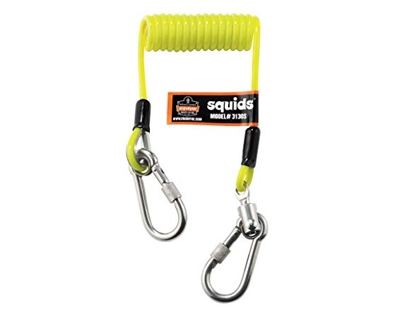 Ergodyne Squids 3130S Coiled Cable Tool Lanyard with Dual Stainless Steel Carabiners, 2 Pounds