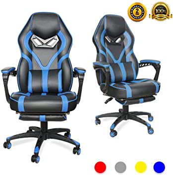 LUCKWIND Video Gaming Chair Racing Recliner - Ergonomic Adjustable Padded Armrest Swivel High Back Footrest with Headrest Lumbar Support PU Leather Breathable Seat Cushion Home Office (Black & Blue)