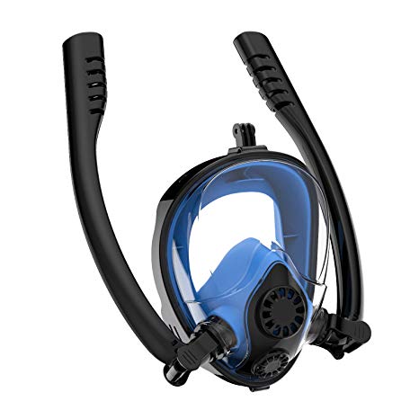 Snorkel Mask Full Face K2 Free Breathing Backstroke Swimming [Double Tubes] 180° Panoramic View Easy Breath Anti-Fog Anti-Leak with Camera Mount