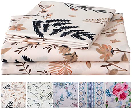 JSD KOMFOR Leaves Floral Sheets Set Queen Print Bed Sheet Set 4 Piece Ultra Soft Warm Double Brushed Microfiber Hypoallergenic Deep Fitted Sheet Set