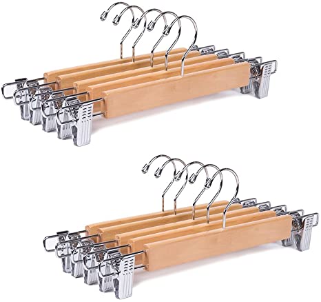 Amber Home 14.17" Solid Natural Wooden Pant Skirt Hangers 24 Pack, Bottom Hangers for Slacks Trousers Jeans with 2-Adjustable Anti-Rust Clips (Natural, 24 Pack)