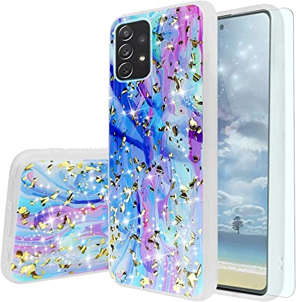 TJS Compatible with Samsung Galaxy A32 5G Case, with [Tempered Glass Screen Protector] Shiny Flake Glitter Back Skin Full Body Soft TPU Rubber Bumper Phone Case Cover (Colorful)