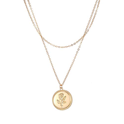Feximzl 14K Gold Plated Rose Flower Coin Necklace for Women Dainty Handmade Fill Carved Pendant Chain Minimalist Jewelry Mothers Day Jewelry Gift