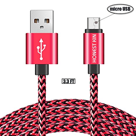 Honest kin Android Charge Cable 3.3 Ft Red Nylon Braided Fabric Micro USB Charging & Sync Data Charger Cable Cord with Gold Aluminium Shell Housing Head for Android and More