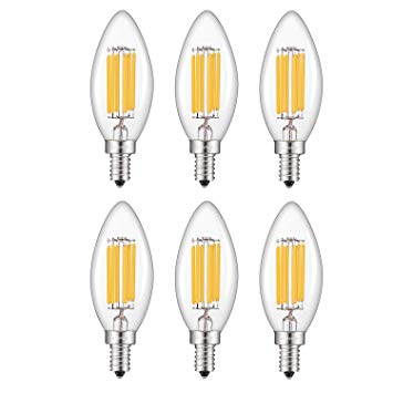 OMAYKEY LED Candelabra Bulb 6W Dimmable, 60W Equivalent 650 Lumens 2700K Warm White, E12 Base C35 LED Filament Candle Bulbs, 6 Pack