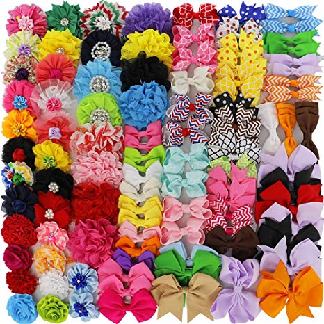 QingHan Grosgrain Ribbon Hair Bows Boutique Hair Flowers Clips For Girls Teens Kids Toddlers Pack Of 100