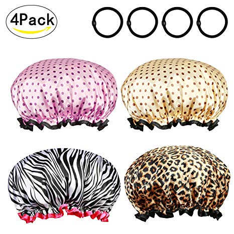 Metable Shower Cap,4 Pack Double Layer Lined Satin Waterproof Bath Shower Caps with Flexible hairband Reusable Beauty Extra Large Elastic Hat Cap for Women Long Hair Funny Salon Spa Bathing Accessorie