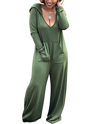 BONESUN Women Casual Long Sleeve Hooded V-Neck Jumpsuits Rompers