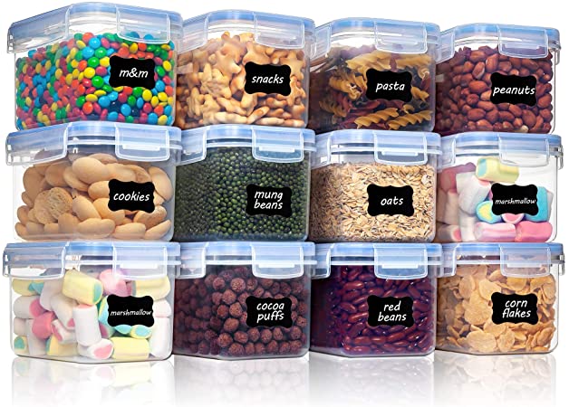 Vtopmart Airtight Food Storage Containers 12 Pieces 0.7qt / 0.8L- Plastic PBA Free Kitchen Pantry Storage Containers for Sugar, Flour and Baking Supplies - Dishwasher Safe - Include 24 Labels, Blue