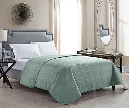 HollyHOME Luxury Checkered Solid Single Pinsonic Quilted Box-Stitched Reversible Bedspread Bed Cover , Sage, Twin