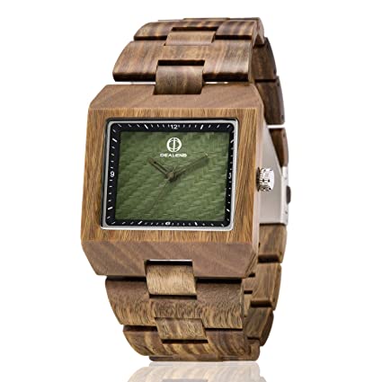 DEALENB Square Mens Wooden Watches,Handmade Natural Wood Watch Rectangle Analog Quartz Vintage Wooden Wrist Watch for Dad/Son/Boyfriend