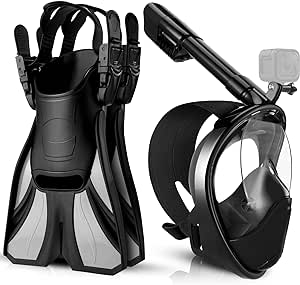 Odoland Snorkeling Packages Set, Full Face Snorkel Mask with Adjustable Swim Fins and Lightweight Backpack, Anti-Fog Anti-Leak Snorkeling Masks Gear for Men Women Adult