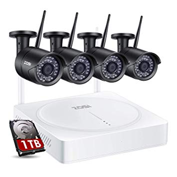 ZOSI 2MP FHD Wireless Security Camera System Outdoor Indoor, 4CH NVR with 1TB Hard Drive Built-in and (4) Weatherproof IP camera 1080p, Plug and Play, Auto Match, Motion Detection, Remote Access