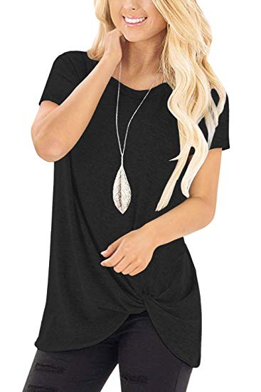 Fantastic Zone Women's Short Sleeve Casual Solid T Shirts Front Knot Twist Tunics Tops Blouses