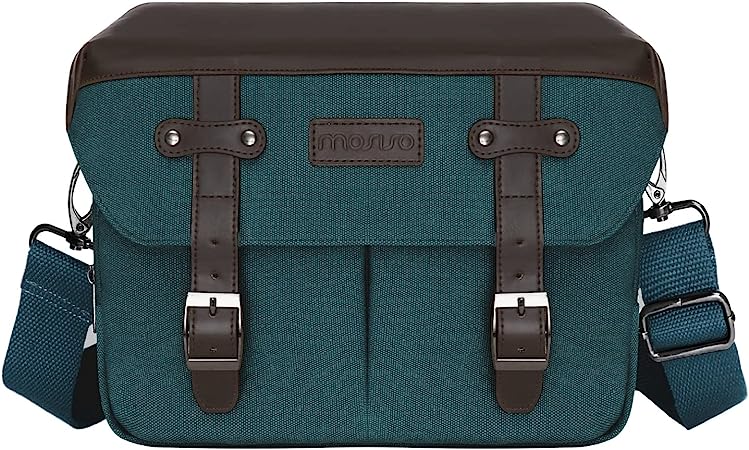 MOSISO Camera Case Crossbody Shoulder Messenger Bag, DSLR/SLR/Mirrorless Photography Vintage PU Leather Flap Gadget Bag with Rain Cover Compatible with Canon/Nikon/Sony Camera and Lens, Teal Green