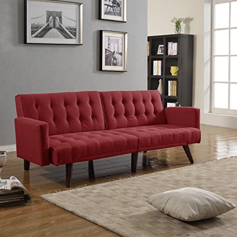 Modern Tufted Linen Split Back Recliner Sleeper Futon Sofa, Red