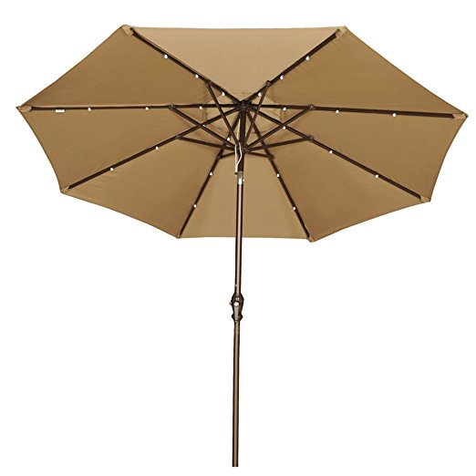 Abba Patio 9' Patio Umbrella with Solar Powered 24 LED Lights Market Outdoor Umbrella with Tilt and Crank, Brown