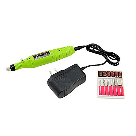 Enshey Electric Nail File Nail Art Drill Kit File Finger Toe Polish Buffer Pedicure Manicure Acrylics Tool Electric Pen Shape with 6 Sanding Bits and Power Adapter for Salon Personal Use (Green)