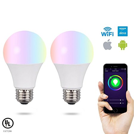 2 Pack EOSAGA Smart LED Bulb WiFi, A19, Warm White, 6.5W E27 Dimmable No Hub Required, Color Changing Light Bulb, Compatible with Alexa, Smartphone Free APP Control