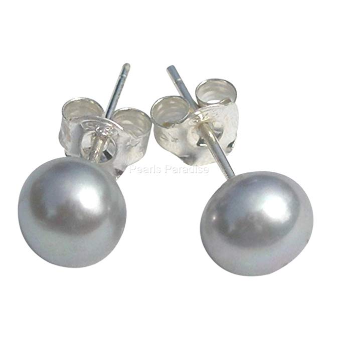 Cultured Freshwater Silver Grey Pearl Silver (925) Stud earrings, presented in an attractive satin silk pouch with a gift card