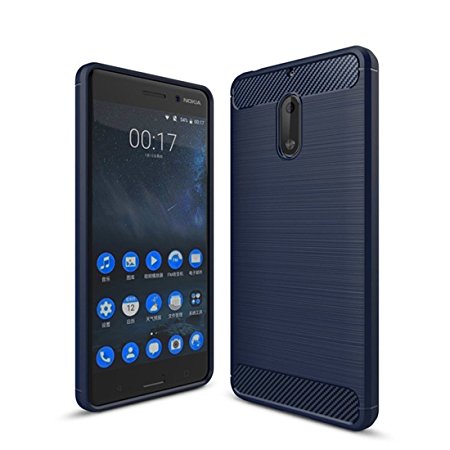 Nokia 6 Back Cover,Nokia 6 Cover Navy Blue [with One Tempered Glass][Full-Cover][Anti-Scratch][Anti-fingerprint] Shock-Absorption Carbon Fiber Flexible TPU Rubber Soft Silicone Full-body Protective Case for Nokia 6 By Senyoo (TPU Navy Blue)