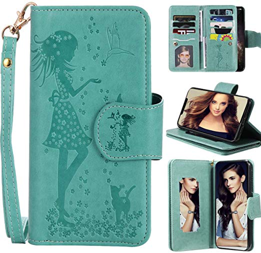 iPhone 11 Wallet Case with Mirror,FLYEE 9 Cards Slots Premium Leather Flip Case Closure Magnetic Dream[Embossed] Protective Folding Cover Kickstand for Apple iPhone 11 6.1 inch [Green]