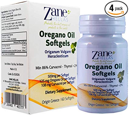 Zane Hellas Oregano Oil 240 Softgels. The Highest Concentration in The World. A Softgel Contains 25% Pure Greek Wild Essential Oil of Oregano and Provides 108 mg Carvacrol.