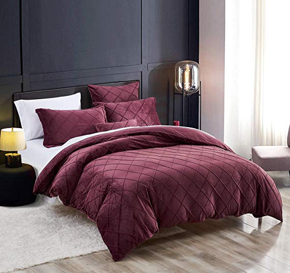 PHF Crystal Velvet Duvet Cover Set - Pinch Pleated Pintuck Bedding with Home Decor Ruffle Soft Warm Luxury Heavyweight for Winter(Queen, Violet Red)