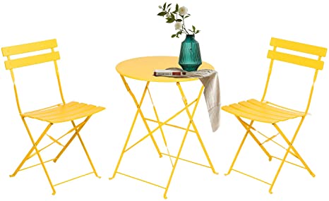 Grand patio 3pc Metal Folding Bistro Set, 2 Chairs and 1 Table, Weather-Resistant Outdoor/Indoor Conversation Set for Patio, Yard, Garden-Yellow