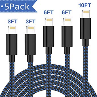 iPhone Charger, MFi Certified Lightning Cable (3/3/6/6/10ft) KRISLOG Extra Long Nylon Braided USB Fast Charging& Syncing Cord Compatible iPhone Xs MAX XR 8 8 Plus 7 7 Plus 6s 6s Plus 5Pack Blue