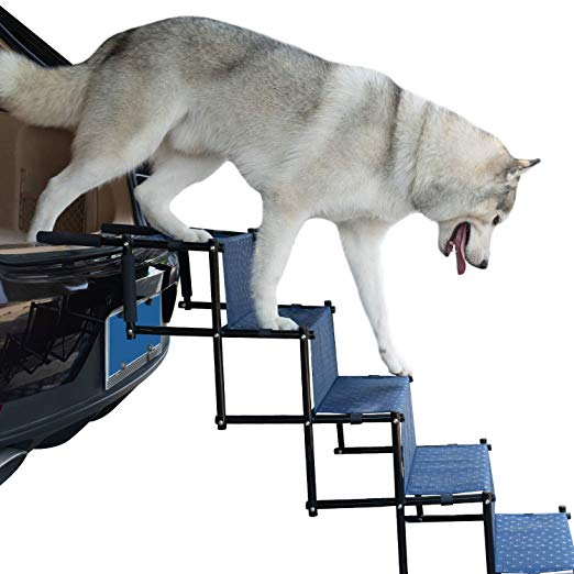 YEPHHO Pet Dog Car Step Stairs,Metal Frame Folding Dog Ramp for Car,Lightweight Portable Auto Large Dog Ladder, Great for Cars, Trucks and SUVs Cargo and High Bed Couch (Upgraded 5-Steps, Navy)