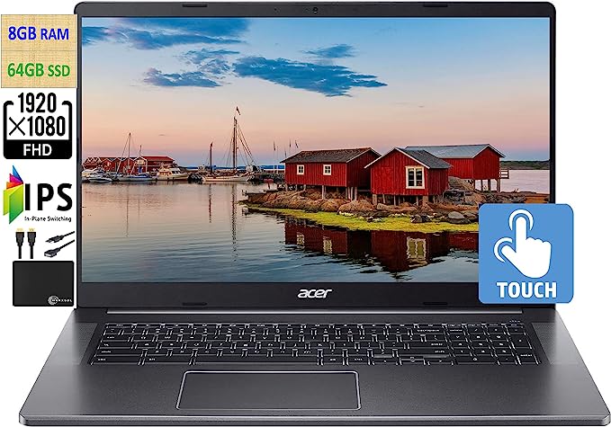 acer 2023 Newest Chromebook 17.3" FHD IPS Touchscreen Light Laptop, 4-Core Intel Pentium N6000 (Upto 3.3GHz), 8GB RAM, 64GB eMMC, HD Webcam, UHD, WiFi 6, 10  Hour Battery, Chrome OS, w/MarxsolCables