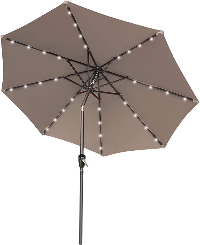 ABCCANOPY 9FT Patio Umbrella Ourdoor Solar Umbrella LED Umbrellas with 32LED Lights, Tilt and Crank Table Umbrellas for Garden, Deck, Backyard and Pool(Tan)