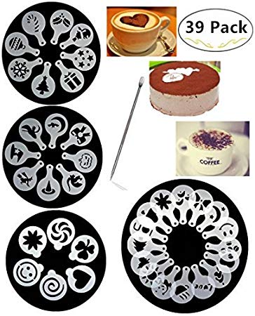 38 Coffee Decorating Stencils, Magnolora Coffee Art Stencils Barista Template for All Kinds of Mousse, Cut Cake, Birthday Cake, Coffee   1 Piece Coffee Latte Art Pen