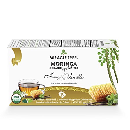 Miracle Tree - Organic Moringa Superfood Tea, 25 Individually Sealed Tea Bags, Honey & Vanilla